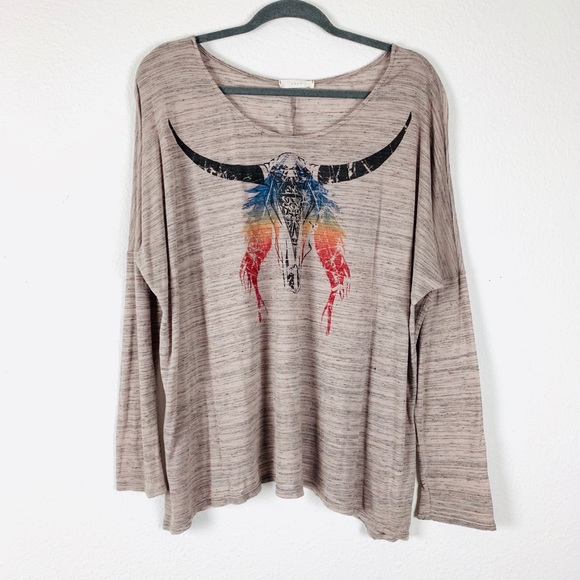 Lush tan lightweight drop-sleeve Top multicolor longhorn western boho motif L - Picture 2 of 15